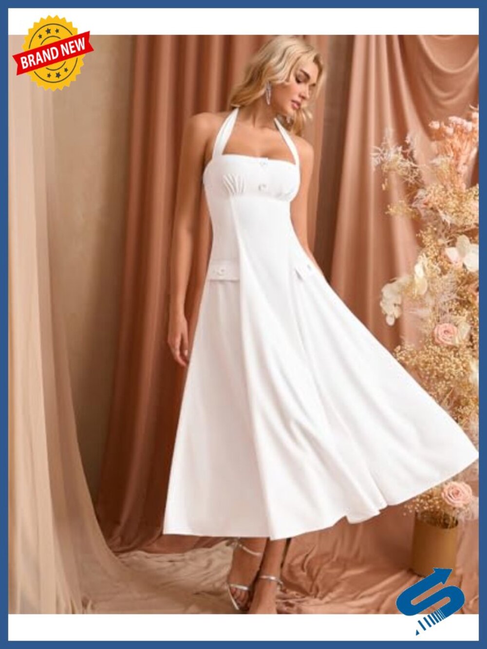 Flowy Floral Halter Corset Midi Dress Summer A-Line Wedding Guest - Picture 3 of 6